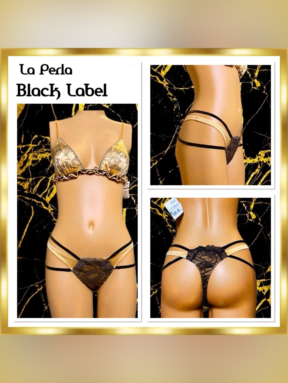 La Perla Black Label Black & Gold Lace Strappy Thong size 3 Medium Vintage RARE